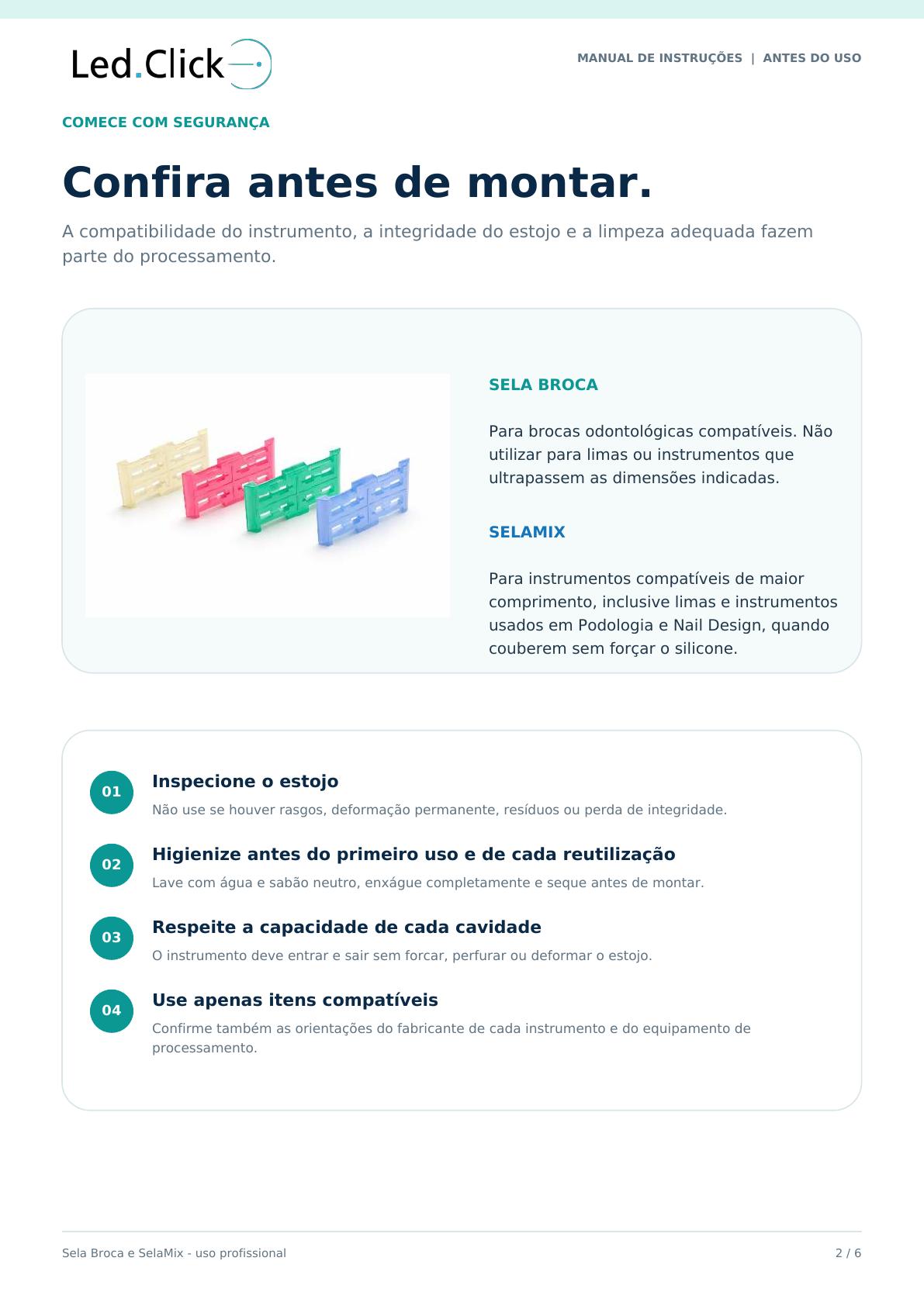 Manual de Instruções Sela Broca e SelaMix — página 2 de 6: Compatibilidade e preparo