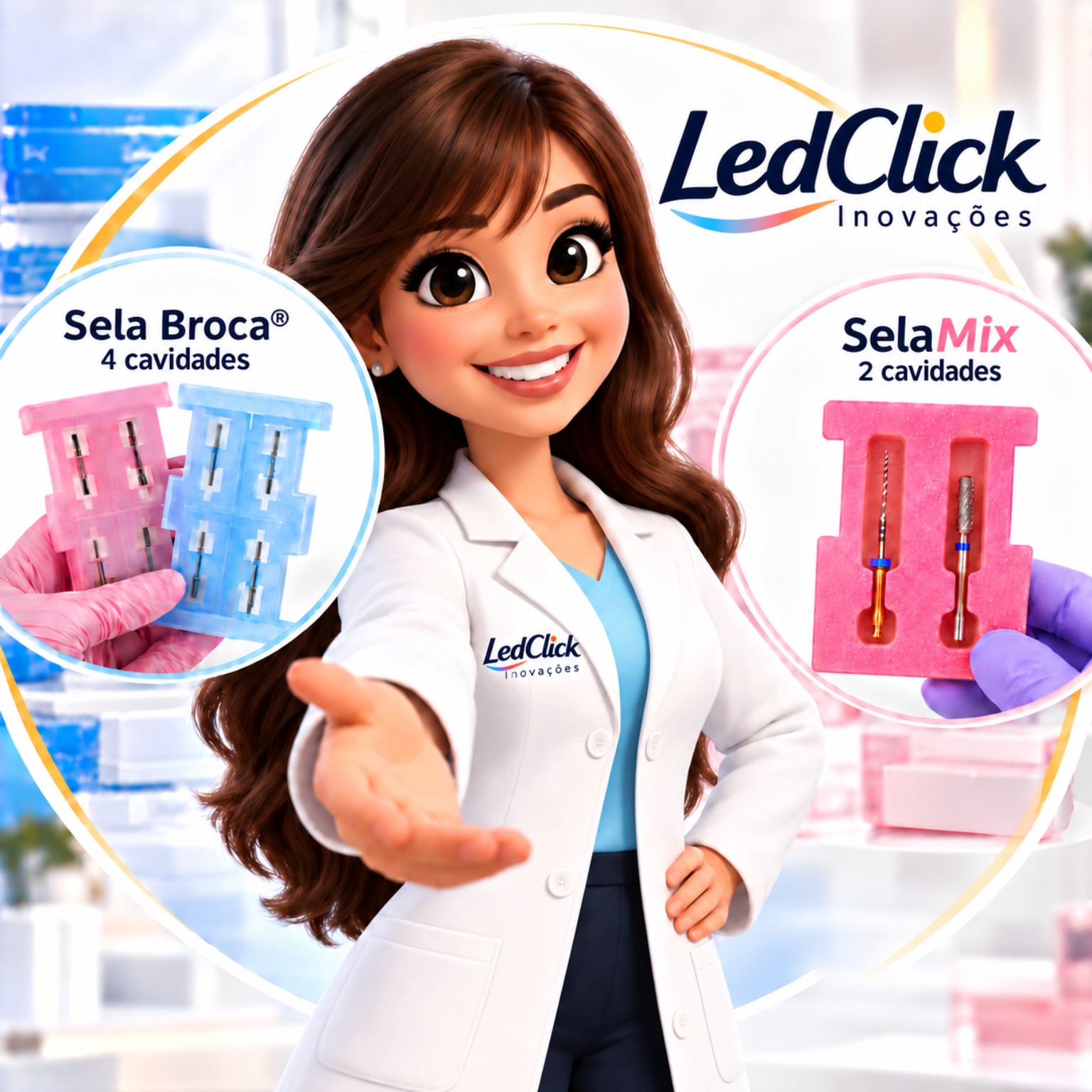 Michelinha apresenta os estojos Sela Broca®, com quatro cavidades, e SelaMix, com duas cavidades, ao lado da marca LedClick Inovações.