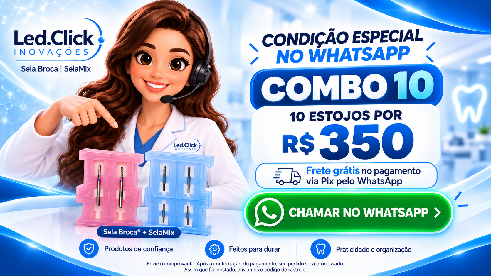Condição especial no WhatsApp: Combo 10, dez estojos por R$350, com frete grátis no pagamento via Pix pelo WhatsApp